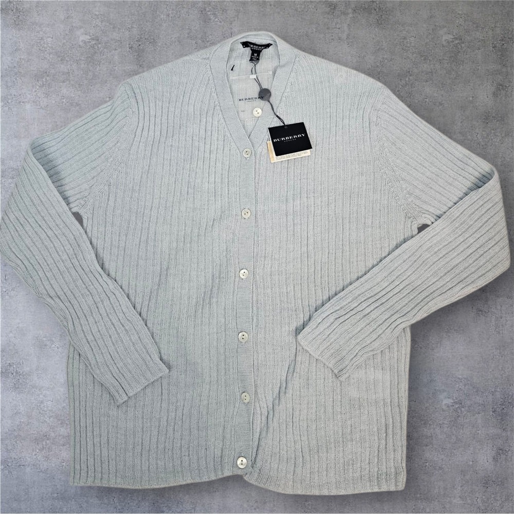 NWT Burberry London Cardigan Sweater Ribbed Knit Virgin Wool Italy Medium F65